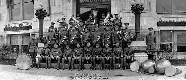 Black and white photograph of the Fourth Battalion Band, Minnesota Home Guard, c.1918. 
