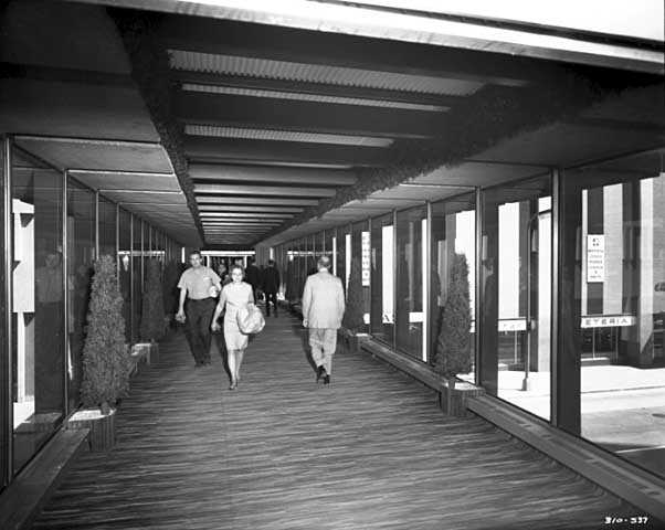 Black and white photograph of skyway leading to the Northstar Center, Minneapolis, 1969.