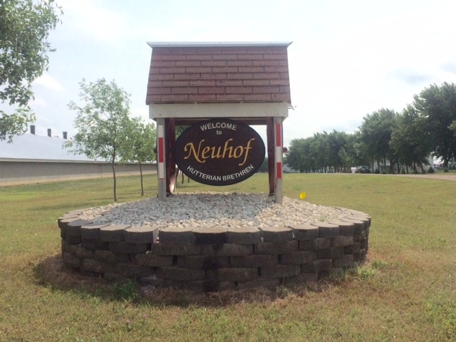 Sign at entrance to Neuhof Hutterian Brethren Colony