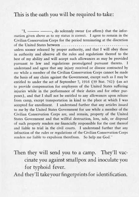 Black and white scan of the CCC Oath, from The CCC at work. A story of 2,500,000 young men, 1941.