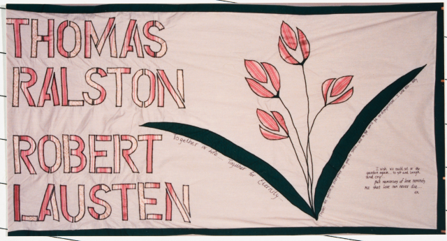 Color image of a quilt panel memorializing Thomas Ralston and Robert Lausten, 1988.