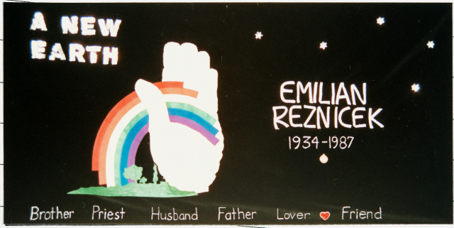 Color image of a quilt panel memorializing Emilian Reznicek, 1988.
