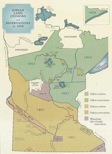 Color map of Indian Land Cessions and Reservations in Minnesota to 1858