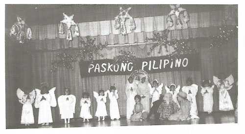 A nativity scene during Paskong Pilipino, the Fil-Minnesotan Association’s annual Christmas celebration for children, held at Westwood Junior High School (St. Louis Park), 1980. Photograph by Luis Siojo.