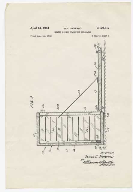 Drawing to accompany application for United States Patent 3,129,317, awarded to Oscar Curtis Howard on April 14, 1964, for Heated Dinner Transport Apparatus. Oscar C. Howard papers, 1945–1990, Cafeteria and Industrial Catering Business, Manuscripts Collection, Minnesota Historical Society.