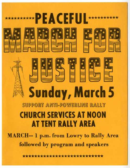 Peaceful March For Justice flyer, undated. The march was organized to protest the construction of power lines in rural Minnesota in the late 1970s or early 1980s. Used with the permission of Pope County Historical Society.