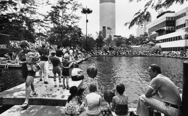 Black and white photograph of Sommerfest at Peavey Plaza, c.1980s.