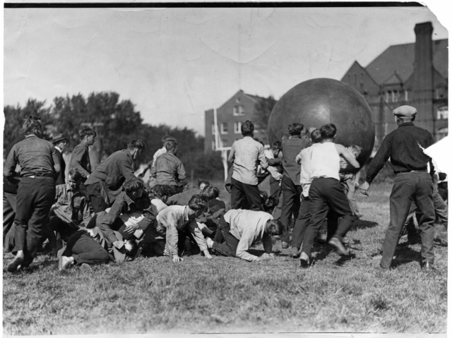 Photograph of students playing "pushball," Macalester, 1924