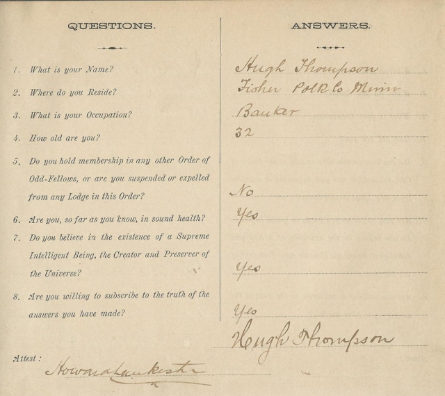 Color scan of an admission questionnaire for potential IOOF members answered by Hugh Thompson on March 22, 1913.