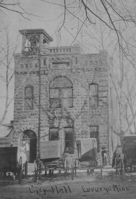 Black and white photograph of the old Luverne city hall, ca. 1890s.