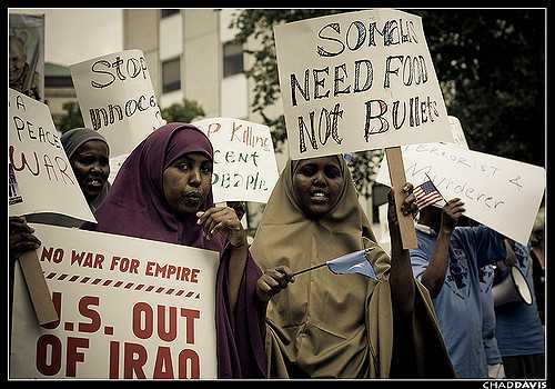 Photograph of Somali Minnesotans protesting the 2008 Republican National Convention in St. Paul.