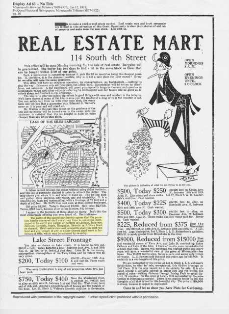 Advertisement placed by Edmund G. Walton in the Minneapolis Morning Tribune, January 12, 1919. A restriction banning Jewish tenants and tenants of color is highlighted.