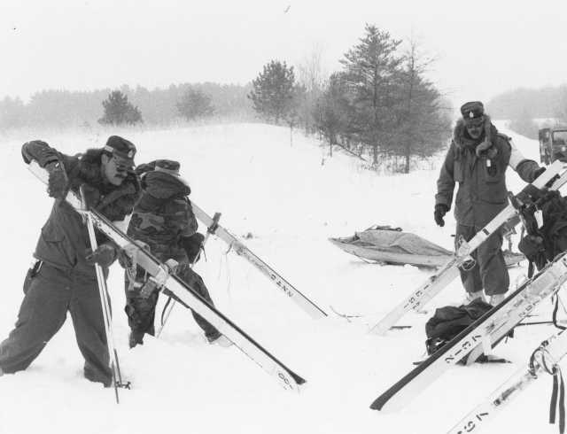 Black and white photograph of winter operations training at Camp Ripley, ca. 1980. 