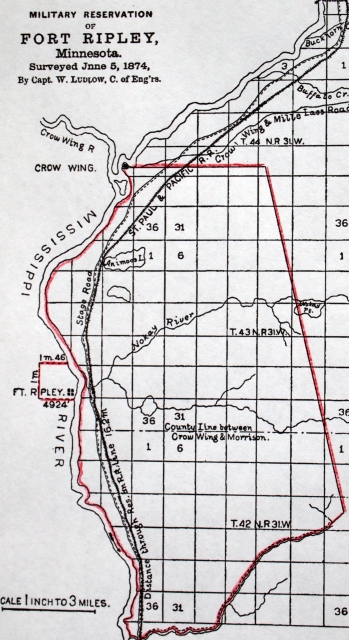 Color scan of a map of Fort Ripley as surveyed in 1874.