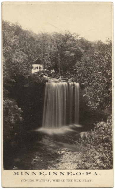 Black and white photograph of Minneopa Falls, ca. 1865. Photograph by Whitney’s Gallery.