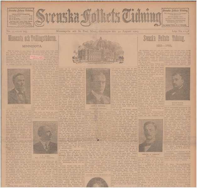 Color image of the August 30, 1905 issue of the Svenska Folkets Tidning, with an article detailing the history of the paper since 1881 on the front page. 