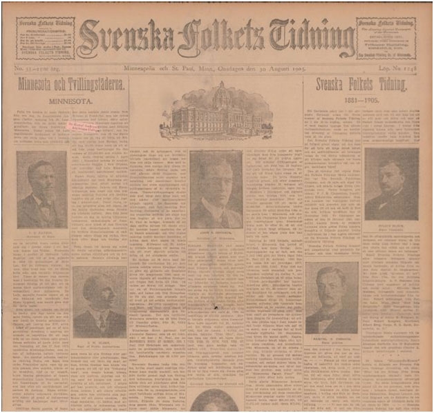 Color image of the August 30, 1905 issue of the Svenska Folkets Tidning, with an article detailing the history of the paper since 1881 on the front page. 