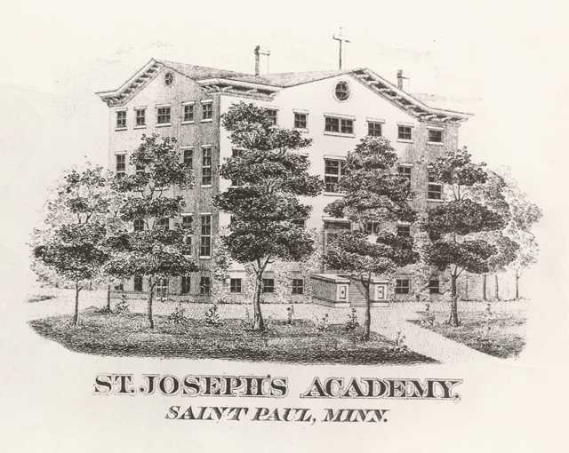 Black and white engraving made in 1863 of the exterior of St. Joseph’s Academy.