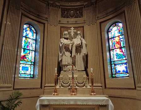Color image of statues of Saints Cyril and Methodius in the St. Paul Cathedral’s Shrine of Nations. Photographed by Paul Nelson on July 10, 2014.