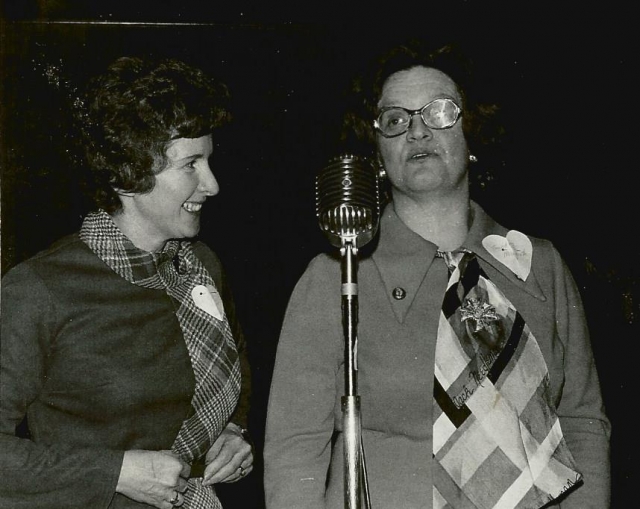 Black and white photograph of Sandra McGrath, wife of the president of the University of Minnesota, speaks at an AAUW and BPWC-sponsored annual banquet, February 22, 1977.