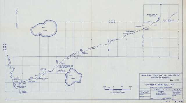 Map of Savanna Portage Trail, 1956. Minnesota Conservation Department, Division of Forestry. A3/0V5, Drawer 7, Folder 8. State Parks Maps and Drawings, Minnesota Division of Parks and Recreation. Government Records Collection, Minnesota Historical Society, St. Paul.