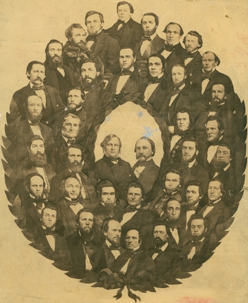 Black and white photograph of the Minnesota Senate with Alexander Ramsey and Henry H. Sibley, 1859.