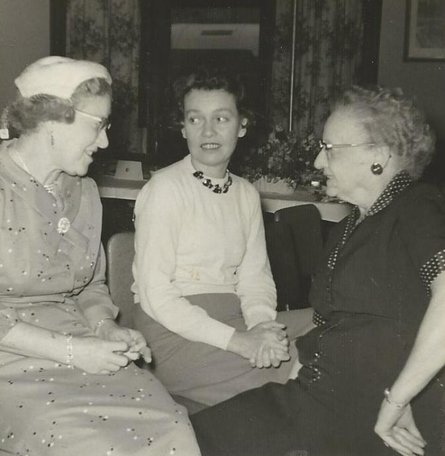 Black and white photograph of a BPW club breakfast, September 22, 1957. Picture (left to right) are Frances Engebretson, Peggy Running, and Sue Monroe.