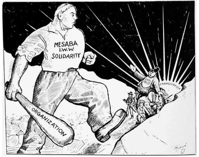 Black and white pro-I.W.W. cartoon printed in the newspaper Solidarity on July 1, 1916.