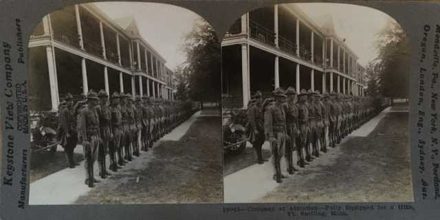 Black and white stereoview of officers-in-training at Fort Snelling, ca. 1917.