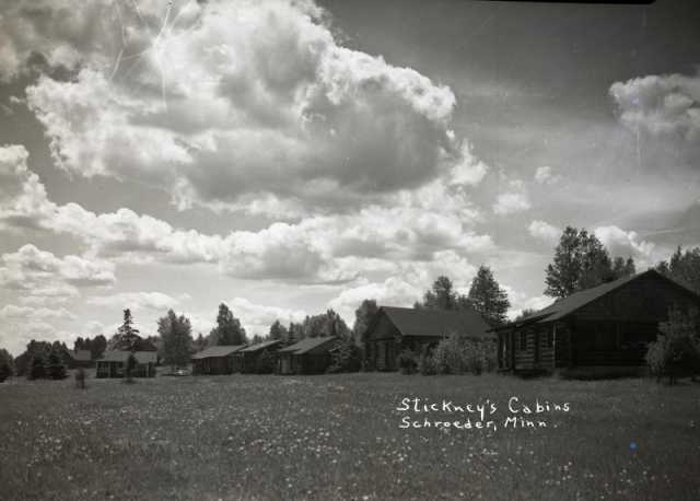 Black and white photograph of Stickney’s Cabins, ca. 1936. 