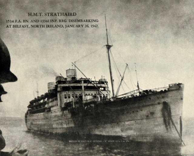 Black and white photograph of the H.M.T. Strathaird, c.1942.