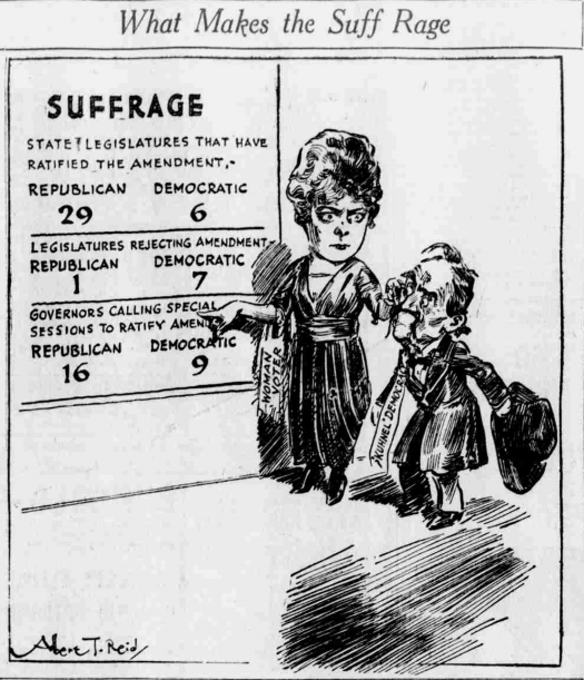 Suffrage cartoon by A. T. Reid from the Minneapolis Tribune, showing the tally of suffrage states by political parties as of July 16, 1920. The man represents southern Democrats who had a reputation for being anti-suffrage.