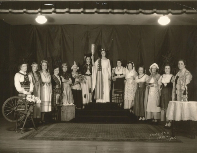 Black and white photograph of Participants in a patriotic pageant held at Temple Israel in Minneapolis, c.1939.