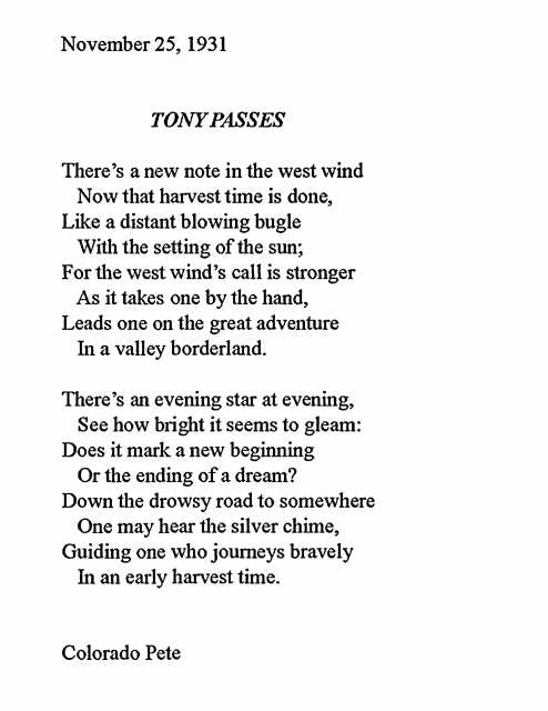 “Tony Passes,” 1931.