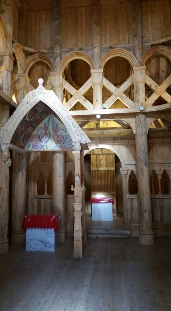 Color image of the baldachin and the chancel inside the Hopperstad Stave Church replica, April 2, 2017. Photographed by Kaci Johnson.