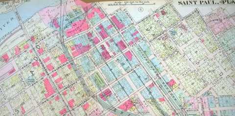 Color image of a 1916 plat map of the Flats, except the northeast portion.