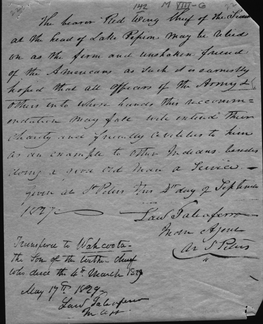 Hand written document recognizing "Wahcoota" as Tatanka Mani's successor, May 17, 1829. 