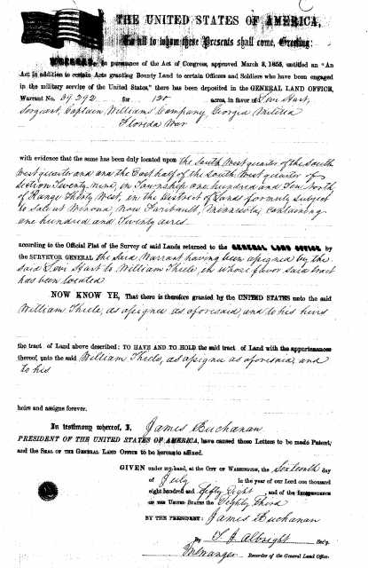 Black and white scan of a military land warrant used by William Thiele to buy part of New Ulm at the Winona Land Office, c.1856 (the patent was issued in 1858).