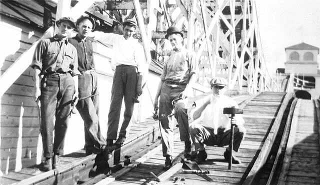 Roller coaster crew at Wonderland Park, Minneapolis; Robert Mauritz Swenson is second from left.