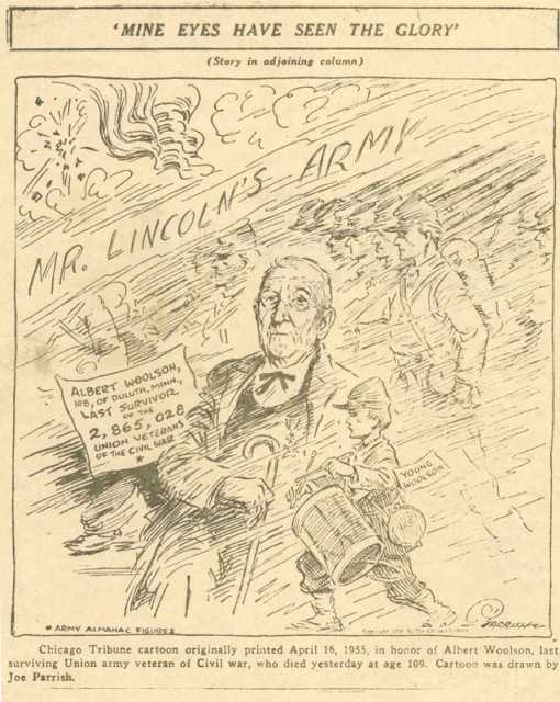 Cartoon of Albert Woolson drawn by Joe Parrish. It is titled “Mine Eyes Have Seen the Glory.” The cartoon was published on April 16, 1955, in recognition of Woolson being the last surviving Union Army soldier. Used with permission of St. Louis County Historical Society, University of Minnesota of Duluth Archives.