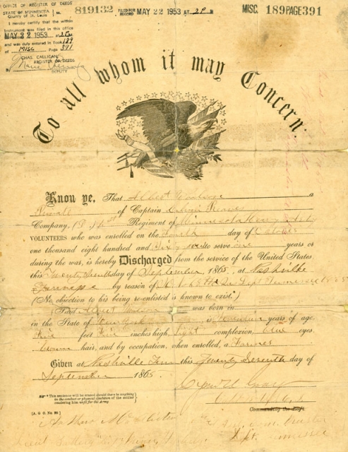 The papers (819132) of Private Albert Woolson, discharged from the United States Army in Nashville, Tennessee, on September 27, 1865. St. Louis County Historical Society, University of Minnesota Duluth Archives, Duluth. For a closer view, click the link below.