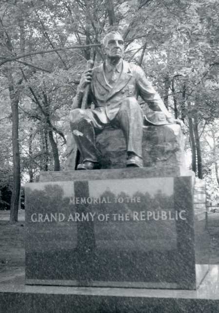Monument to Albert Woolson as the last surviving member of the Union Army in the Civil War. Woolson was not at the Gettysburg battle. The statue was placed there in his memory and of the Grand Army of the Republic (GAR). The statue was dedicated in September 1956. Woolson posed for the statue, and it was created by famous sculptor Avard Fairbanks. Used with permission of the St. Louis County Historical Society, University of Minnesota of Duluth Archives.
