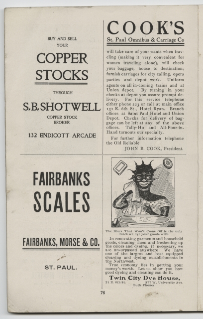 Advertisement in the Bankers in Burnt Cork pamphlet featuring blackface iconography. From the Minnesota Historical Society pamphlet collection, St. Paul.