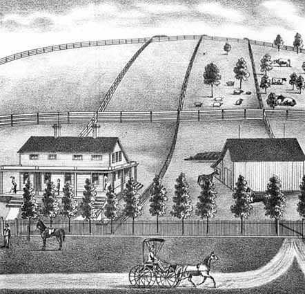 lithograph showing farm, houses, and rolling fields