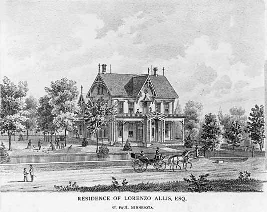lithograph depicting the home of Lorenzo Allis in St. Paul