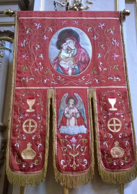 Color image of a banner inside St. Mary’s Orthodox Cathedral in Minneapolis. Photographed by Paul Nelson on June 10, 2014.