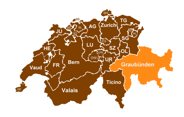 Map of Swiss cantons with Graubunden highlighted