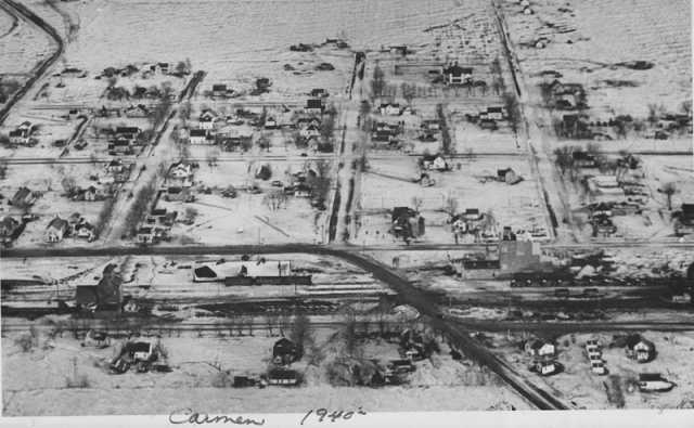 Black and white aerial photograph of Carman in the 1940s.