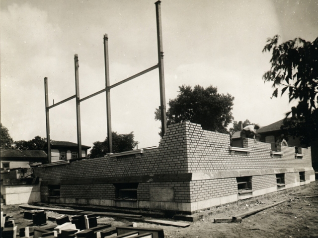 Black and white photograph of in-progress construction of the Anoka Post Office, July 5, 1916.