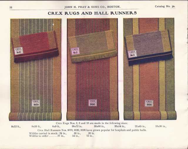 Color illustration of three styles of rug manufactured by the Crex Carpet Company.